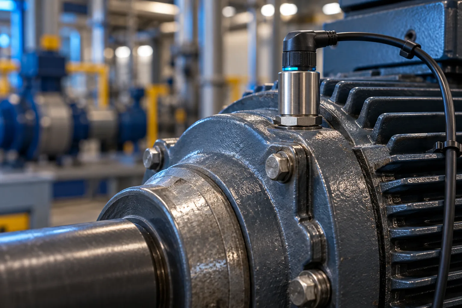 Condition monitoring sensor mounted on an industrial motor bearing housing