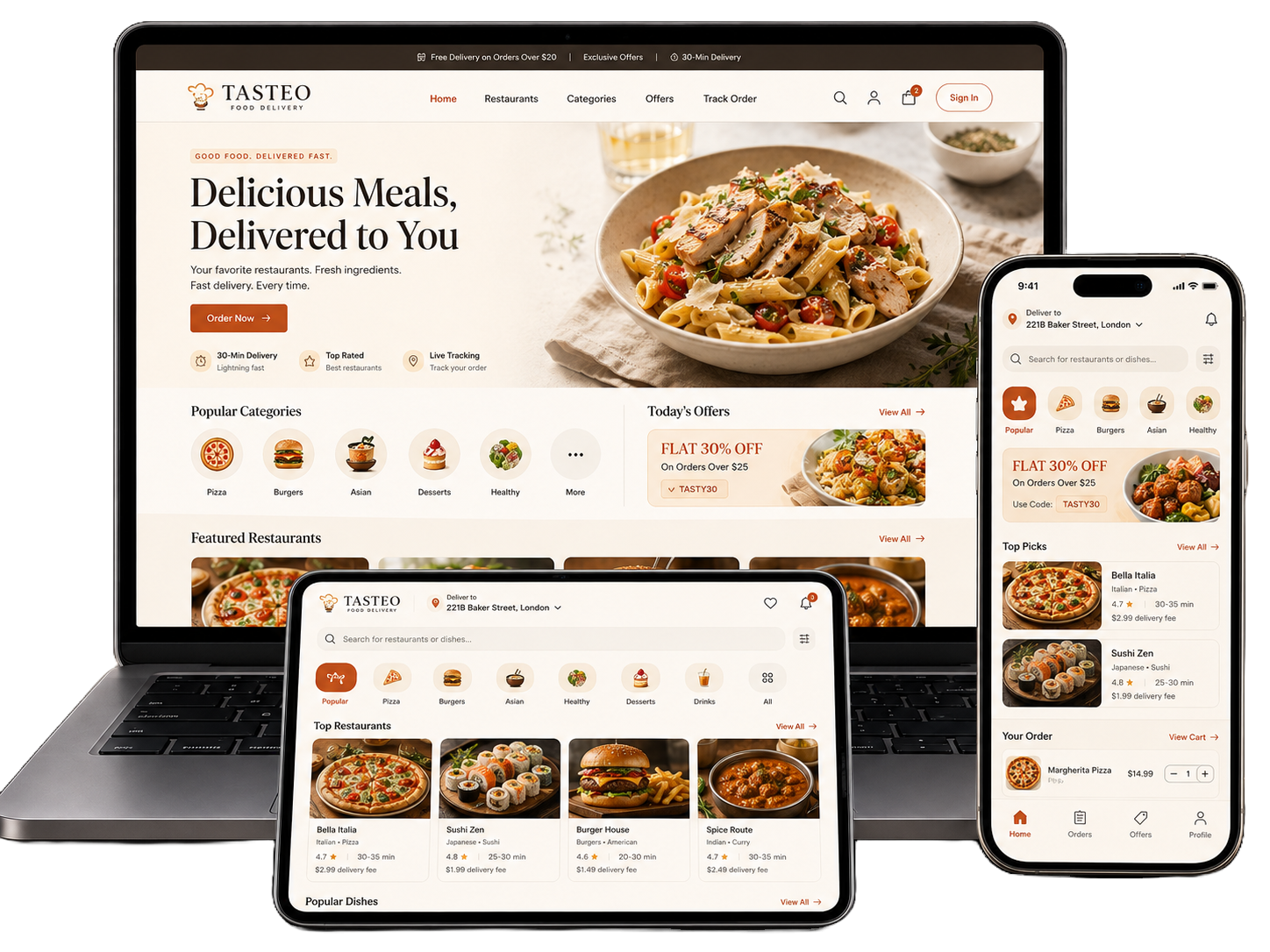 Food delivery website across laptop, tablet and mobile