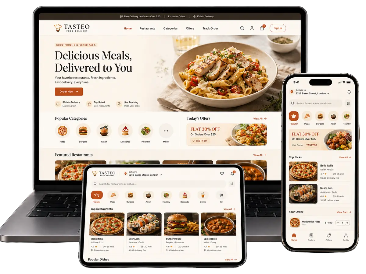 Food delivery website across laptop, tablet and mobile