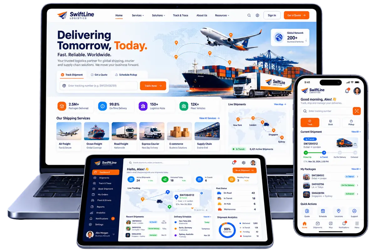 Logistics website across laptop, tablet and mobile