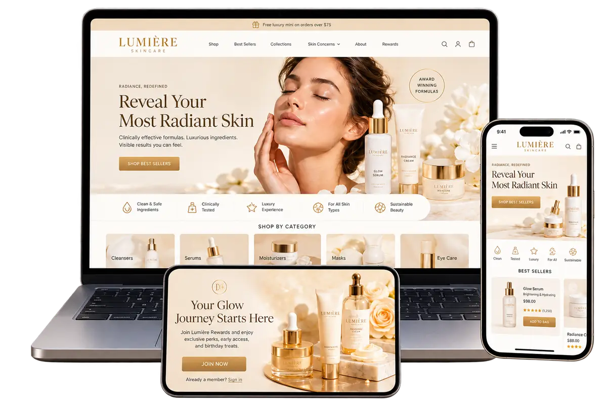 Skincare ecommerce website across laptop, tablet and mobile
