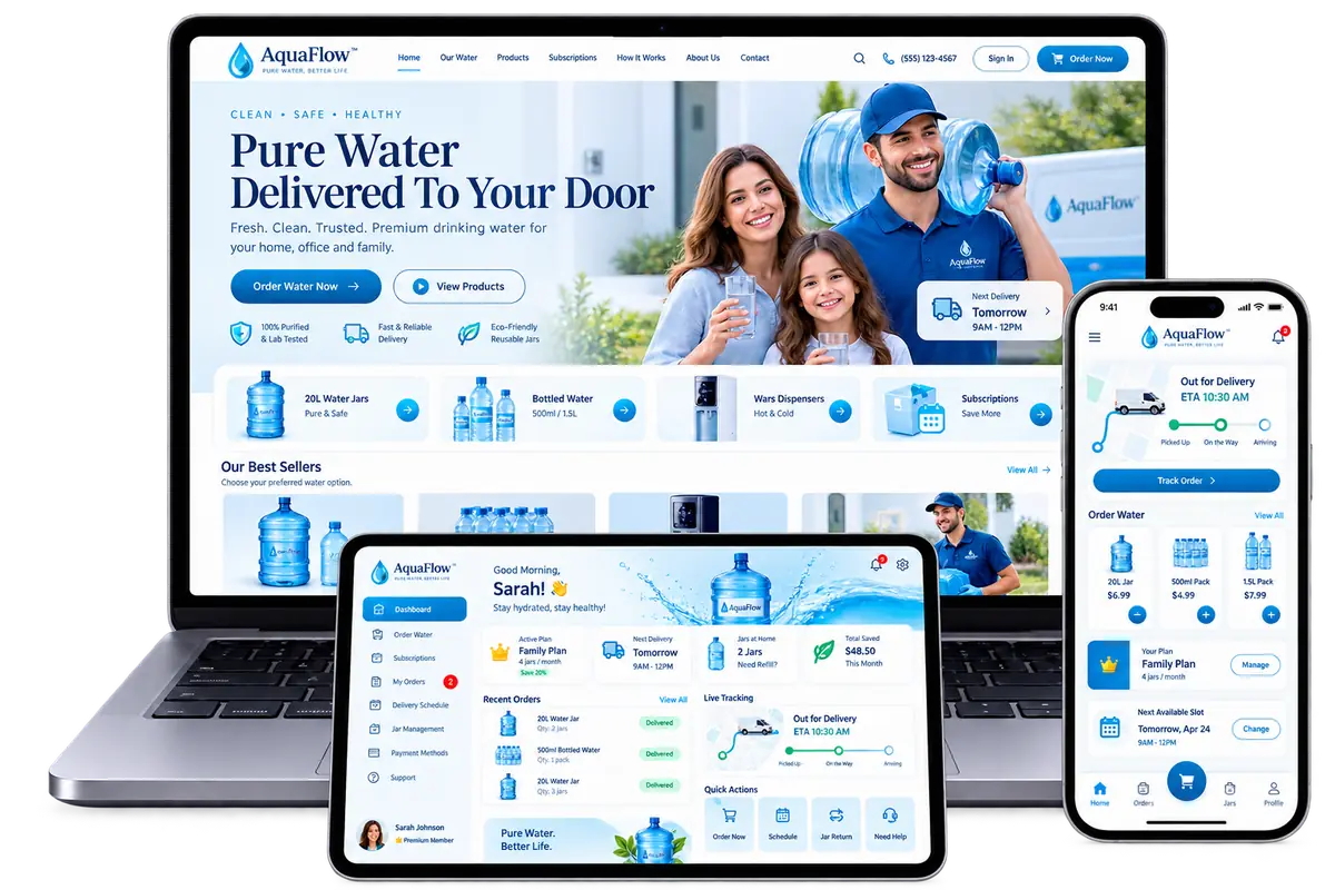 Water delivery website across laptop, tablet and mobile